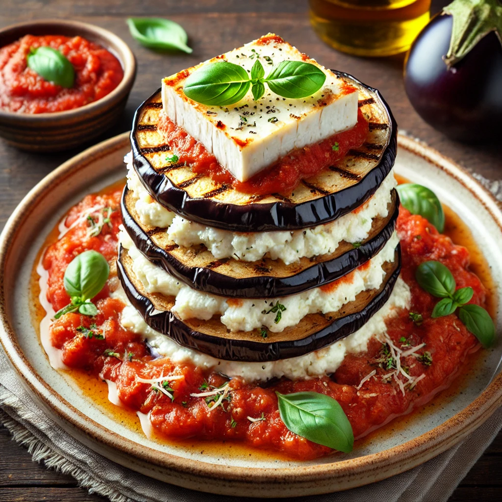 Milhojas de berenjena con queso de cabra y salsa de tomate